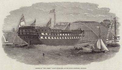 Lancering van De Cressy Schroef Stoomschip, in de Koninklijke Scheepswerf, Chatham door Edwin Weedon